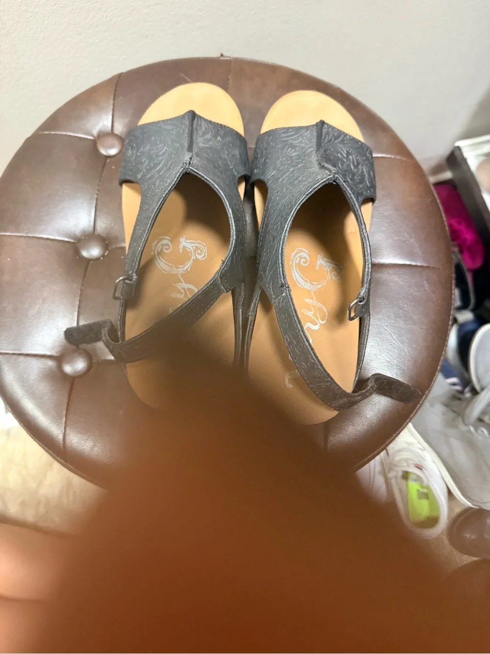 Women's Black Floral Embossed Wedge Sandals